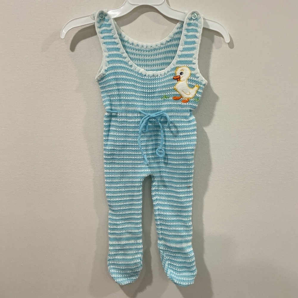 Vintage 70s Baby Crochet Footed Romper blue White Striped Duck Applique